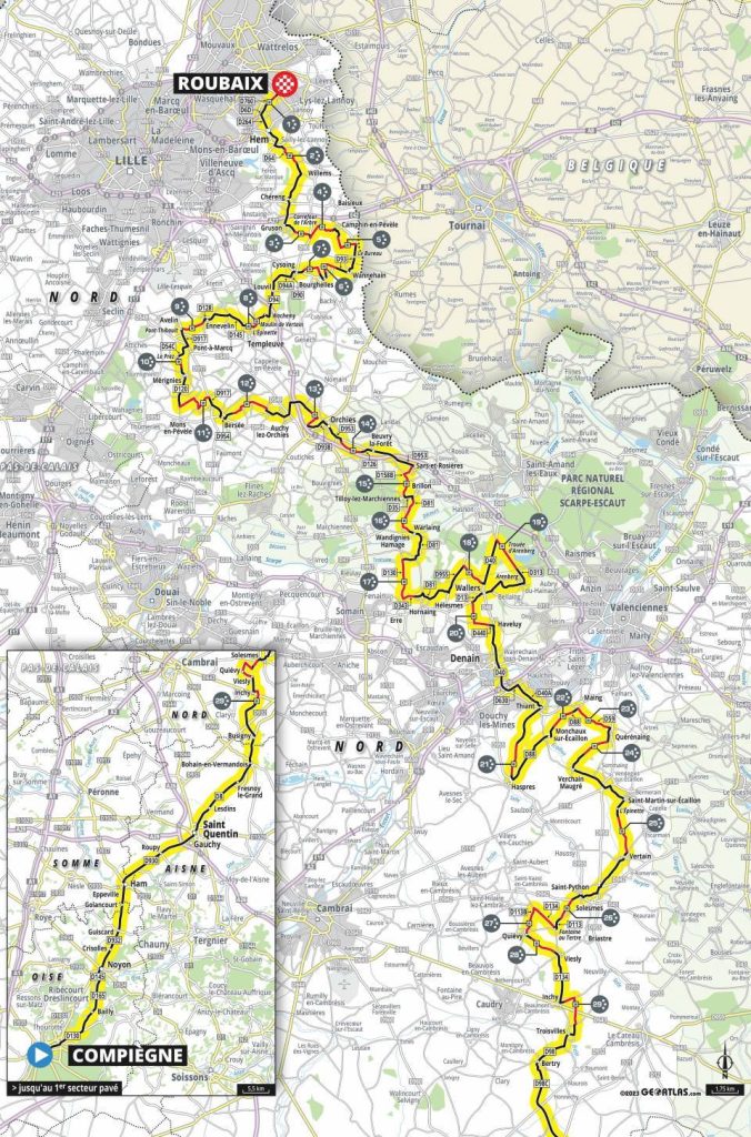Le parcours complet de Paris-Roubaix 2023, la 120e &eacute;dition de l'Enfer du Nord.