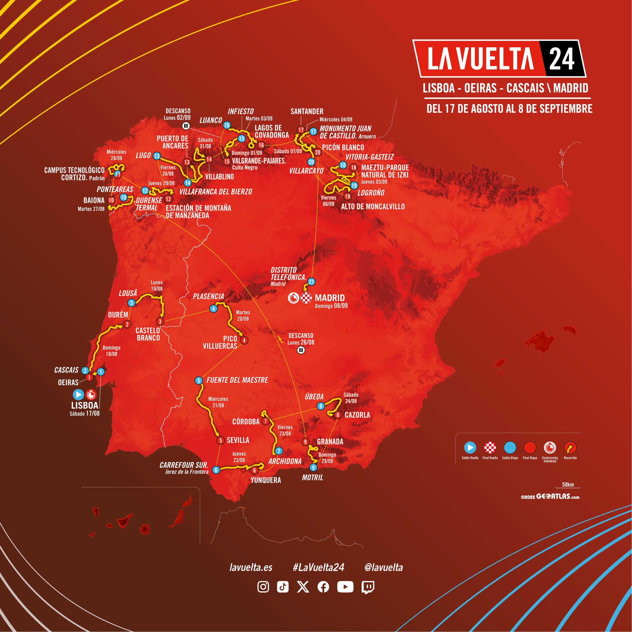 Actualit&eacute;s cyclisme - Tour d'Espagne 2024. La carte d&eacute;taill&eacute;e du parcours de La Vuelta