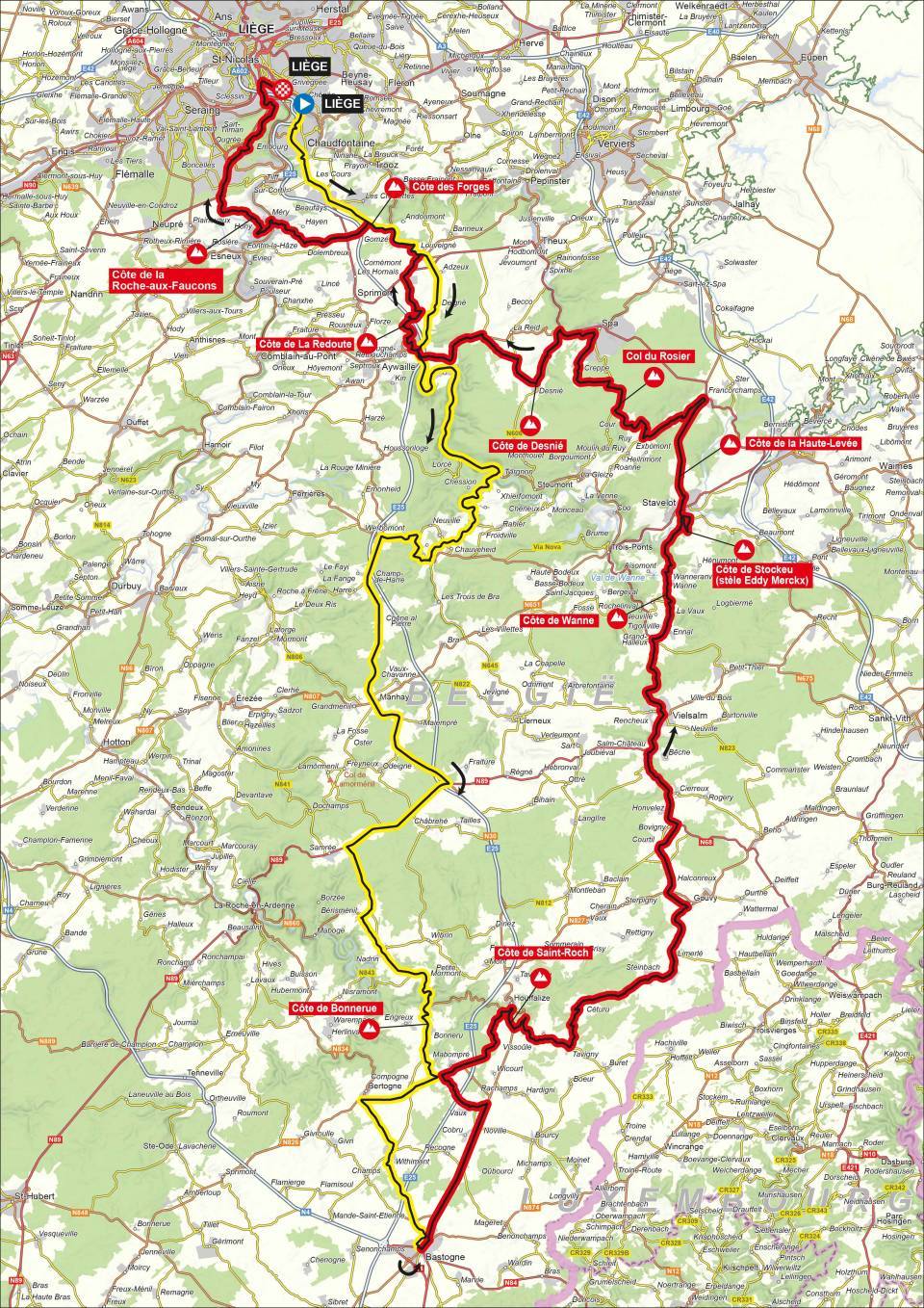 Carte détaillée du parcours de Liège-Bastogne-Liège 2024