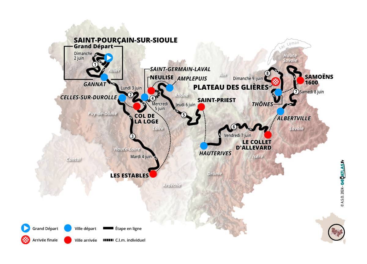 La carte détaillée du Critérium du Dauphiné 2024